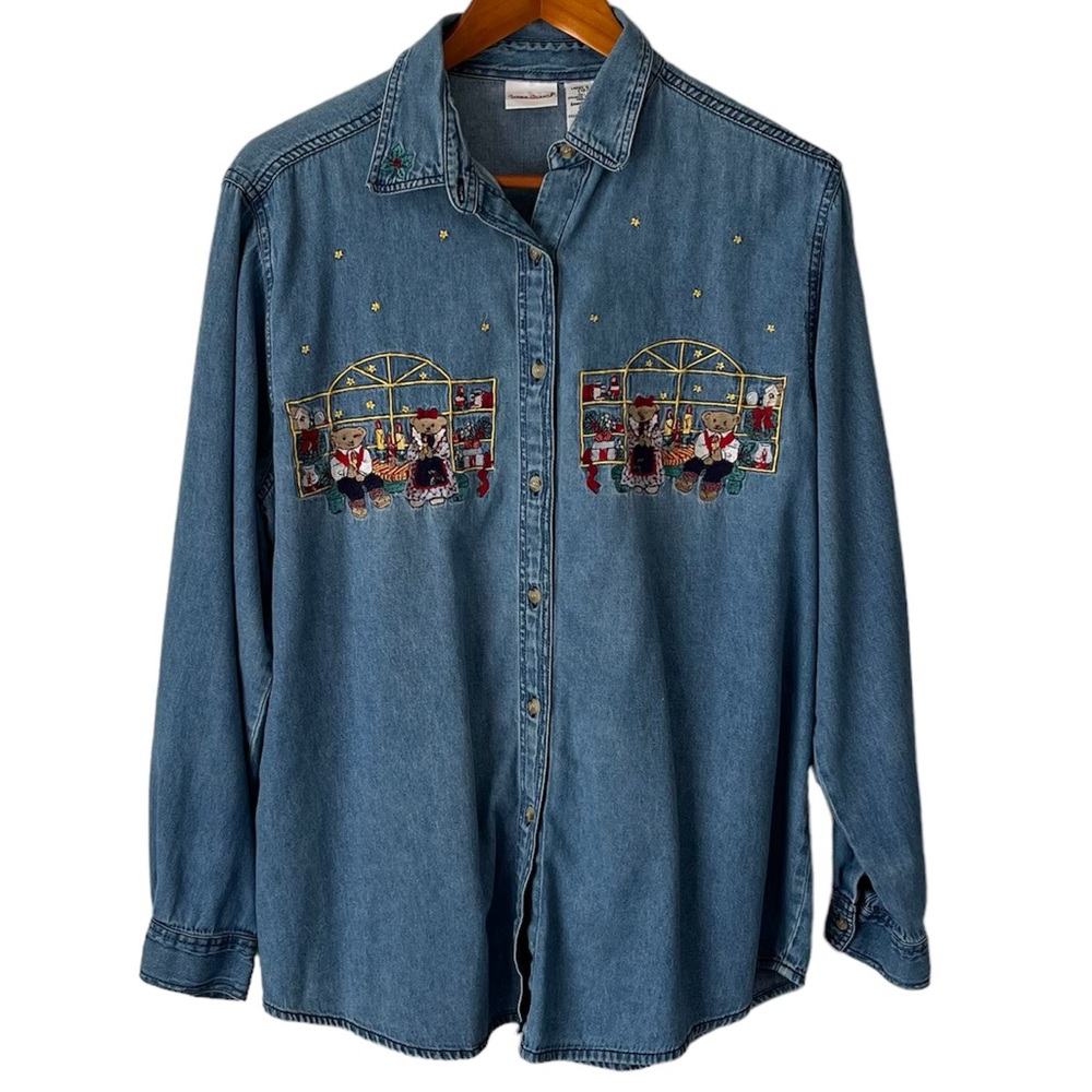Bobbie Brooks Denim Christmas Bears Embroidery Button Down Shirt Sz Large